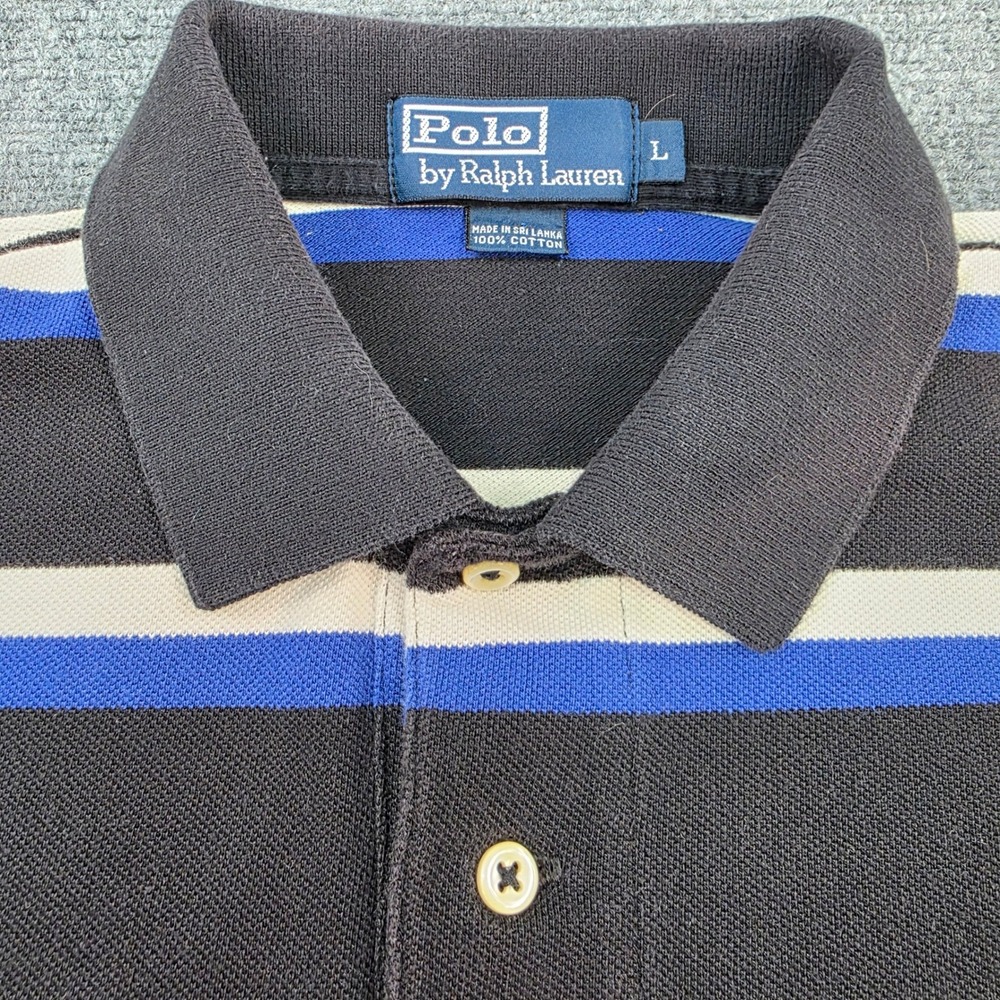 Polo‎ Ralph Lauren Striped Polo Shirt Mens L Cotton Black Blue White Casual
